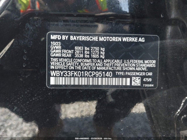 44609992 :رقم المزاد ، WBY33FK01RCP95140 vin ، 2024 Bmw I5 Edrive40 مزاد بيع