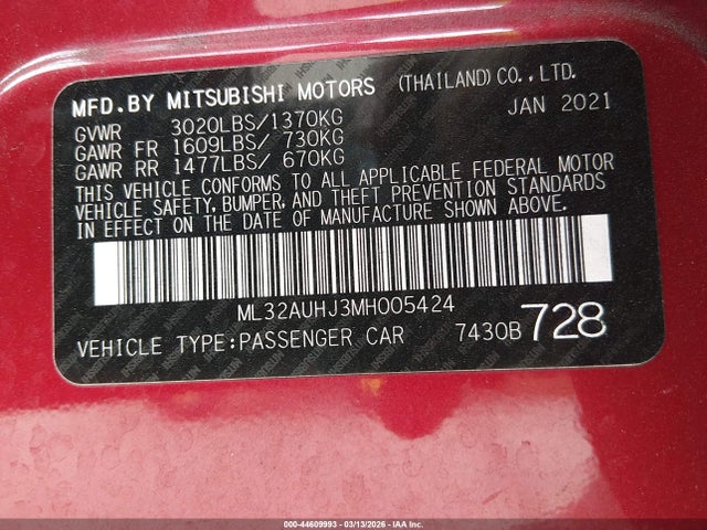 Продаж на аукціоні авто 2021 Mitsubishi Mirage Carbonite Edition/es/le, vin: ML32AUHJ3MH005424, номер лоту: 44609993