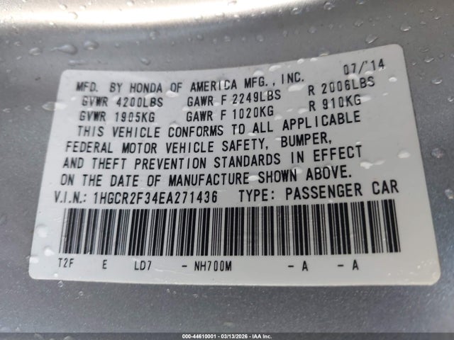 44610001 :رقم المزاد ، 1HGCR2F34EA271436 vin ، 2014 Honda Accord Lx مزاد بيع