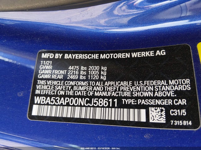 Продаж на аукціоні авто 2022 Bmw 430i, vin: WBA53AP00NCJ58611, номер лоту: 44610015