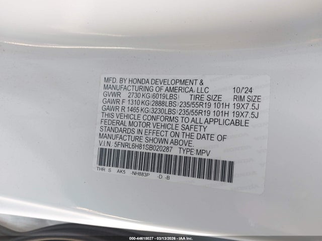 2025 Honda Odyssey Touring მანქანა იყიდება აუქციონზე, vin: 5FNRL6H81SB020287, აუქციონის ნომერი: 44610027