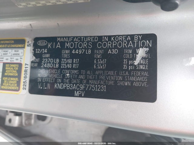 Продажа на аукционе авто 2015 Kia Sportage Lx, vin: KNDPB3AC9F7751231, номер лота: 44610040