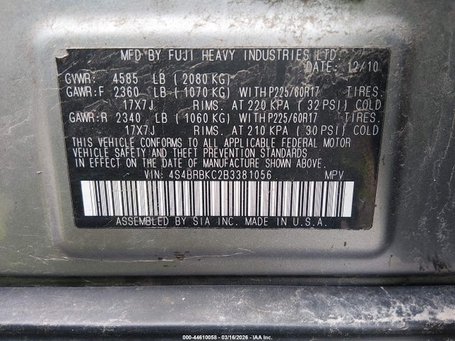 44610058 :رقم المزاد ، 4S4BRBKC2B3381056 vin ، 2011 Subaru Outback 2.5i Limited مزاد بيع