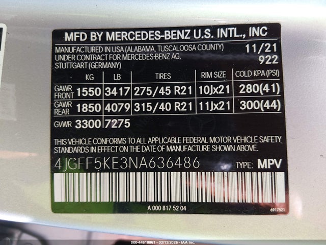 Продажа на аукционе авто 2022 Mercedes-benz Gls 450 4matic, vin: 4JGFF5KE3NA636486, номер лота: 44610061