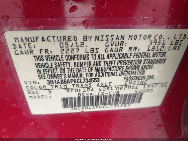 Продажа на аукционе авто 2012 Nissan Sentra 2.0 S, vin: 3N1AB6AP6CL734553, номер лота: 44610076