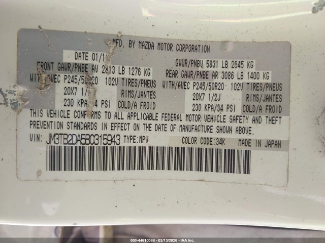 Aukcja sprzedaży 2011 Mazda Cx-9 Grand Touring, vin: JM3TB2DA5B0315943, numer aukcji: 44610088