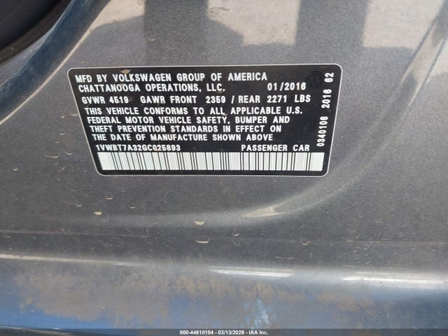 Aukcja sprzedaży 2016 Volkswagen Passat 1.8t Se, vin: 1VWBT7A32GC025893, numer aukcji: 44610104