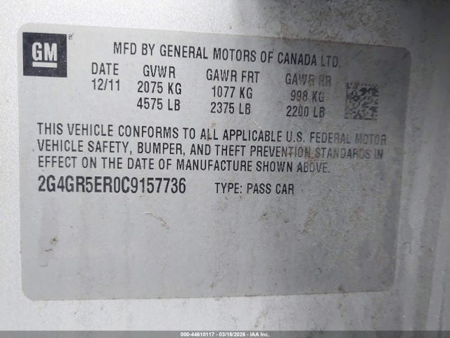 Aukcja sprzedaży 2012 Buick Regal, vin: 2G4GR5ER0C9157736, numer aukcji: 44610117