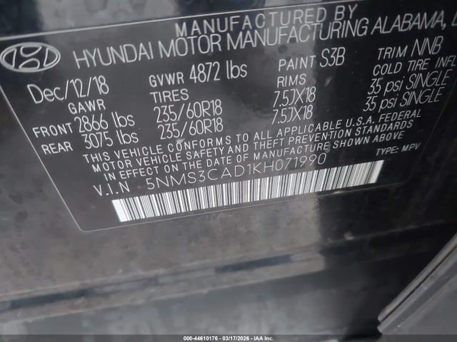 44610176 :رقم المزاد ، 5NMS3CAD1KH071990 vin ، 2019 Hyundai Santa Fe Sel Plus مزاد بيع
