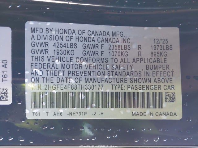 44610189 :رقم المزاد ، 2HGFE4F88TH330177 vin ، 2026 Honda Civic Hybrid Sport/sport Touring مزاد بيع