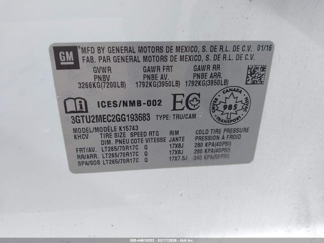 44610202 :رقم المزاد ، 3GTU2MEC2GG193683 vin ، 2016 Gmc Sierra 1500 Sle مزاد بيع