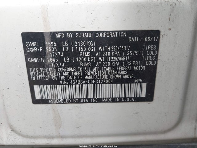 Auction sale of the 2017 Subaru Outback 2.5i Premium, vin: 4S4BSAFC0H3427064, lot number: 44610211