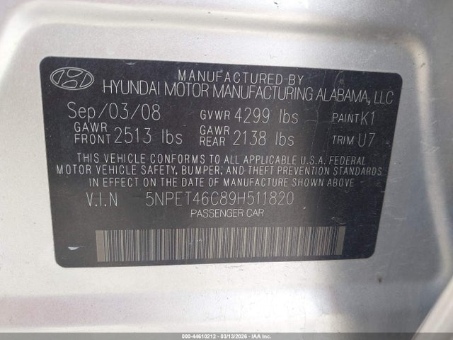 Продажа на аукционе авто 2009 Hyundai Sonata Gls, vin: 5NPET46C89H511820, номер лота: 44610212