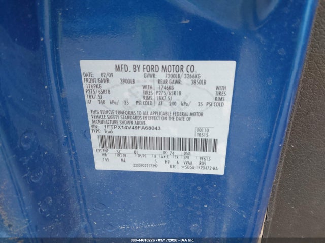 2009 Ford F-150 Fx4/lariat/xl/xlt მანქანა იყიდება აუქციონზე, vin: 1FTPX14V49FA68043, აუქციონის ნომერი: 44610226