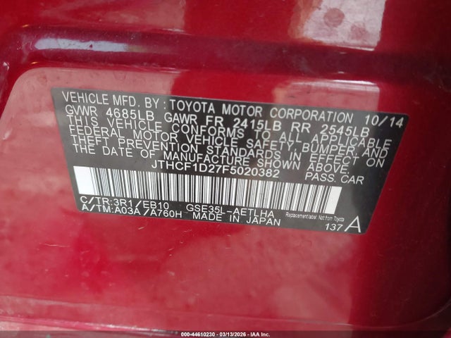 Aukcja sprzedaży 2015 Lexus Is 250, vin: JTHCF1D27F5020382, numer aukcji: 44610230