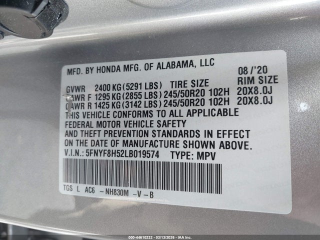 Auction sale of the 2020 Honda Passport Awd Ex-l, vin: 5FNYF8H52LB019574, lot number: 44610232