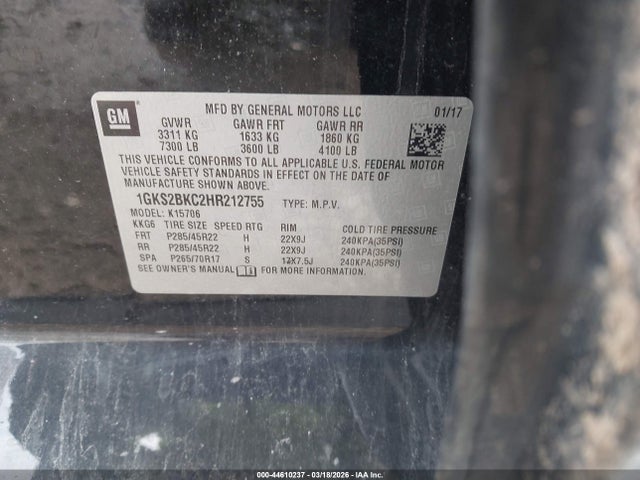 44610237 :رقم المزاد ، 1GKS2BKC2HR212755 vin ، 2017 Gmc Yukon Slt مزاد بيع