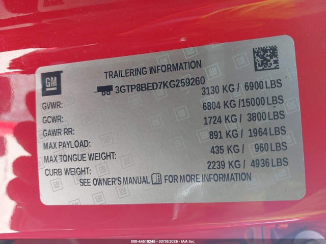44610245 :رقم المزاد ، 3GTP8BED7KG259260 vin ، 2019 Gmc Sierra 1500 Sle مزاد بيع