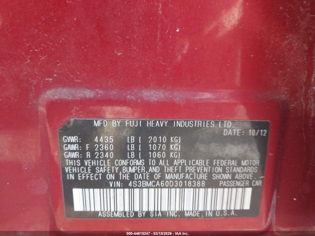 Aukcja sprzedaży 2013 Subaru Legacy 2.5i, vin: 4S3BMCA60D3018388, numer aukcji: 44610247
