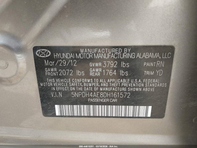 Aukcja sprzedaży 2013 Hyundai Elantra Gls/limited, vin: 5NPDH4AE8DH161572, numer aukcji: 44610251