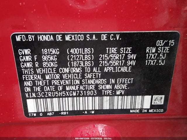 3CZRU5H5XGM731903 Honda HR-V EX