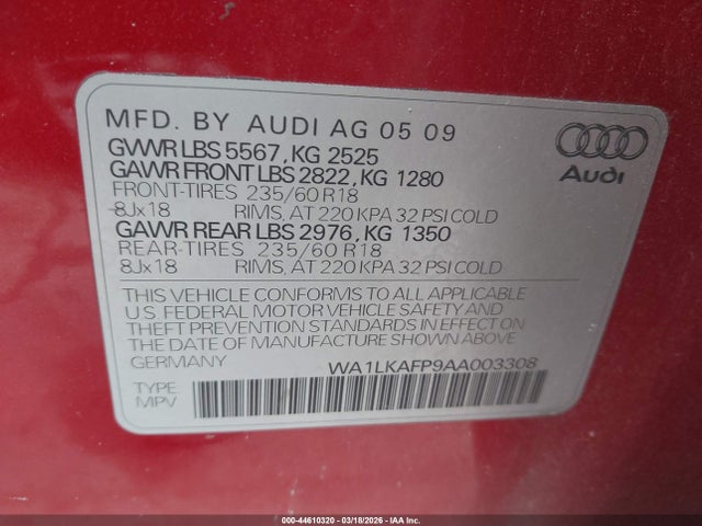 44610320 :رقم المزاد ، WA1LKAFP9AA003308 vin ، 2010 Audi Q5 3.2 Premium مزاد بيع