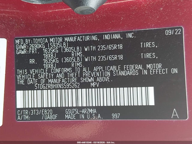 5TDGZRBHXNS595262 Toyota Highlander Xle