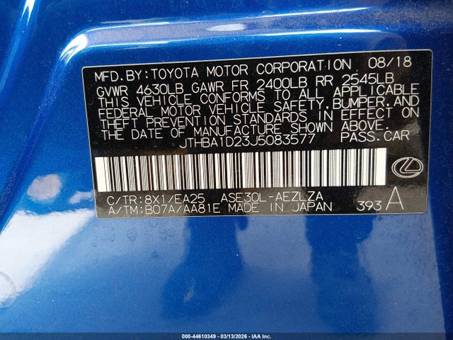 Aukcja sprzedaży 2018 Lexus Is 300, vin: JTHBA1D23J5083577, numer aukcji: 44610349