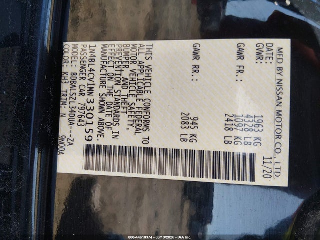 44610374 :رقم المزاد ، 1N4BL4CV1MN330159 vin ، 2021 Nissan Altima Sr Fwd مزاد بيع