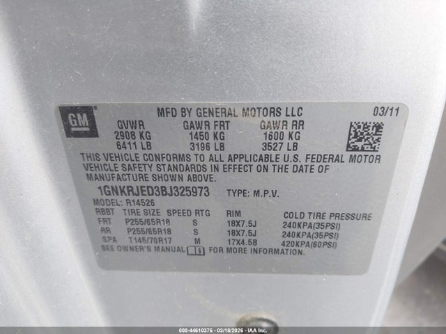 Продаж на аукціоні авто 2011 Chevrolet Traverse 2lt, vin: 1GNKRJED3BJ325973, номер лоту: 44610376