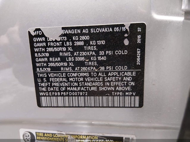 44610380 :رقم المزاد ، WVGEF9BP6FD007972 vin ، 2015 Volkswagen Touareg V6 Lux مزاد بيع