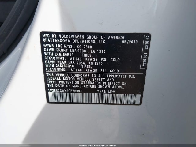 Продажа на аукционе авто 2018 Volkswagen Atlas 3.6l V6 Sel, vin: 1V2ER2CAXJC576091, номер лота: 44610381