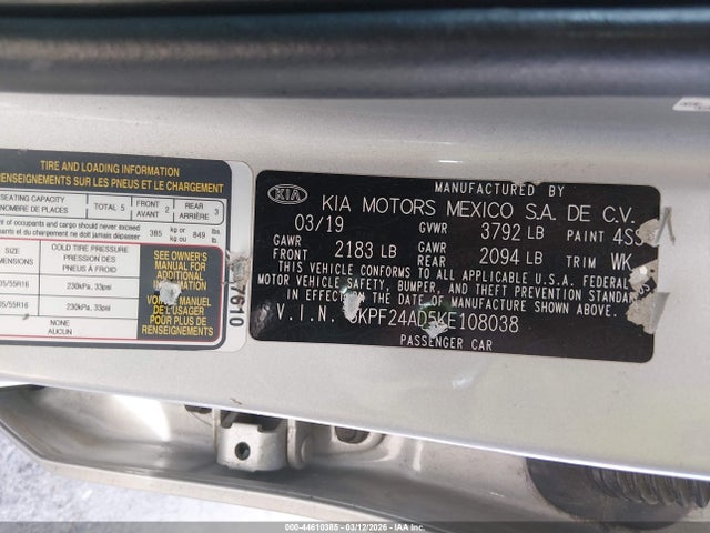 Aukcja sprzedaży 2019 Kia Forte Lxs, vin: 3KPF24AD5KE108038, numer aukcji: 44610385