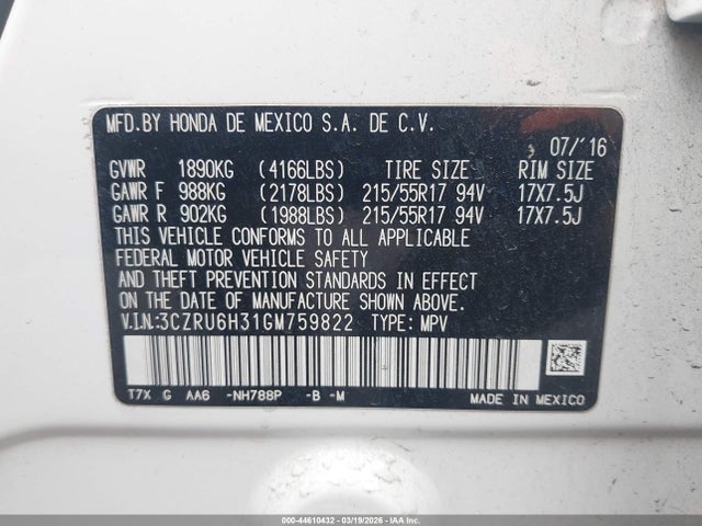 Продаж на аукціоні авто 2016 Honda Hr-v Lx, vin: 3CZRU6H31GM759822, номер лоту: 44610432