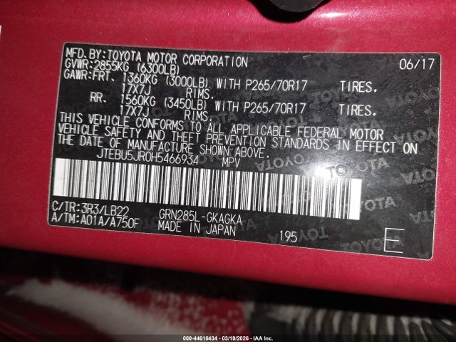 JTEBU5JR0H5466934 Toyota 4runner Sr5 Premium