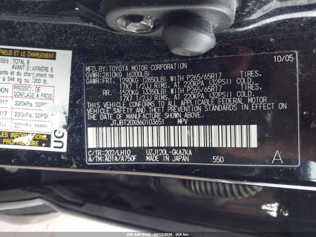 Продажа на аукционе авто 2006 Lexus Gx 470, vin: JTJBT20X860103651, номер лота: 44610442