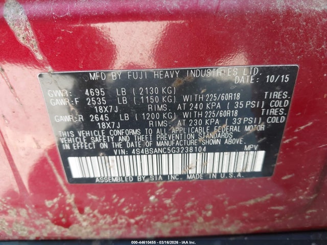 4S4BSANC5G3238104 Subaru Outback 2.5i Limited