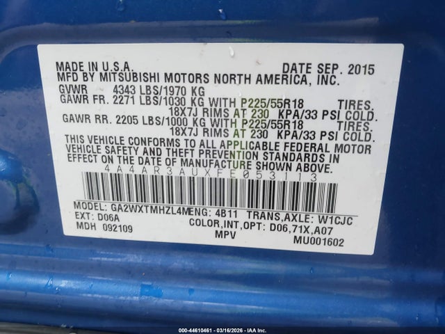 Продаж на аукціоні авто 2015 Mitsubishi Outlander Sport Es, vin: 4A4AR3AUXFE053113, номер лоту: 44610461