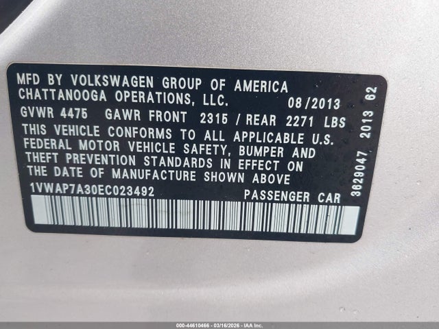 44610466 :رقم المزاد ، 1VWAP7A30EC023492 vin ، 2014 Volkswagen Passat 2.5l S مزاد بيع