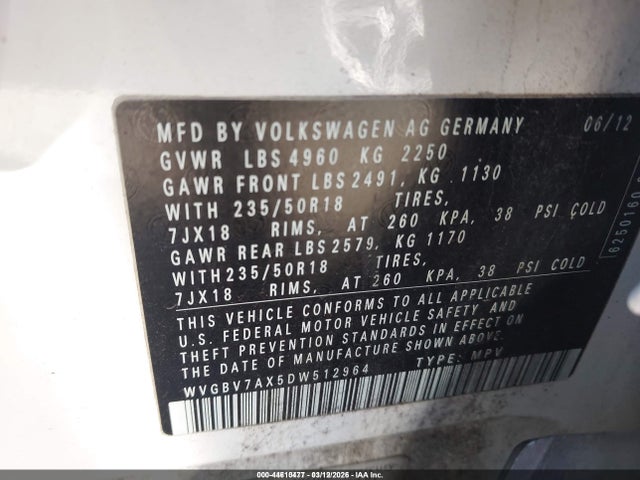 2013 Volkswagen Tiguan S/se/sel მანქანა იყიდება აუქციონზე, vin: WVGBV7AX5DW512964, აუქციონის ნომერი: 44610477