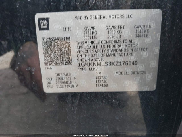 44610479 :رقم المزاد ، 1GKKNMLS3KZ176140 vin ، 2019 Gmc Acadia Slt-1 مزاد بيع