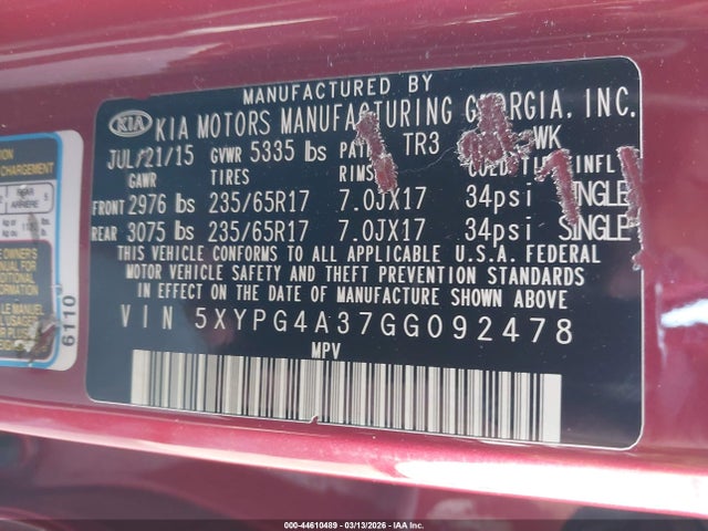 5XYPG4A37GG092478 KIA Sorento 2.4l Lx