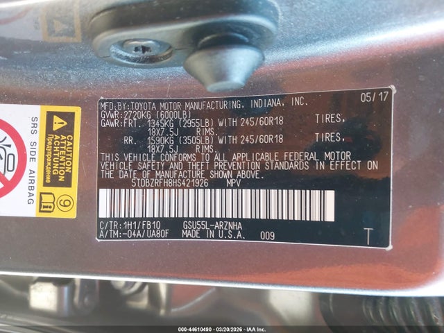 Продажа на аукционе авто 2017 Toyota Highlander Le, vin: 5TDBZRFH8HS421926, номер лота: 44610490