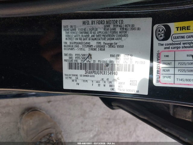Aukcja sprzedaży 2012 Ford Fusion Sel, vin: 3FAHP0JG9CR154940, numer aukcji: 44610501