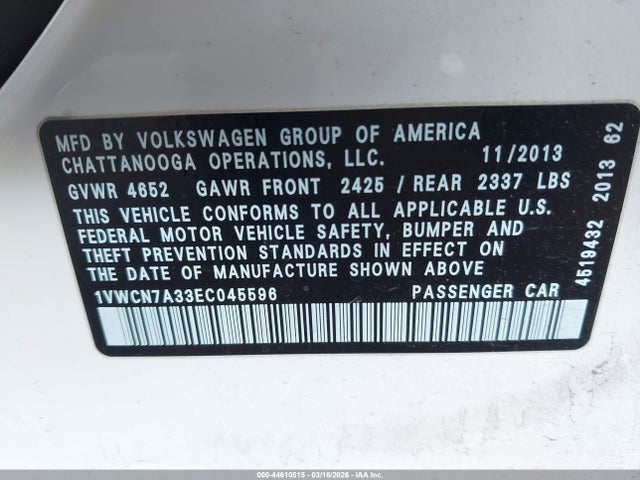 2014 Volkswagen Passat 2.0l Tdi Sel Premium მანქანა იყიდება აუქციონზე, vin: 1VWCN7A33EC045596, აუქციონის ნომერი: 44610515