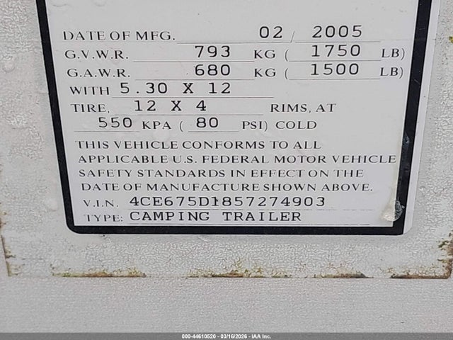 44610520 :رقم المزاد ، 4CE675D1857274903 vin ، 2005 Fleetwood Tioga مزاد بيع