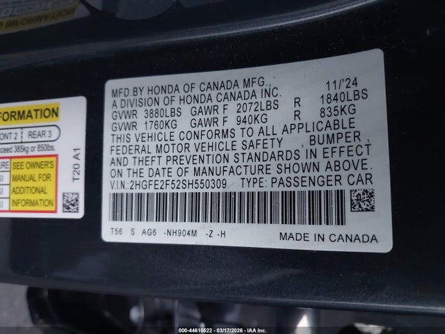 Honda Civic Sport 2025 2HGFE2F52SH550309 Image 9