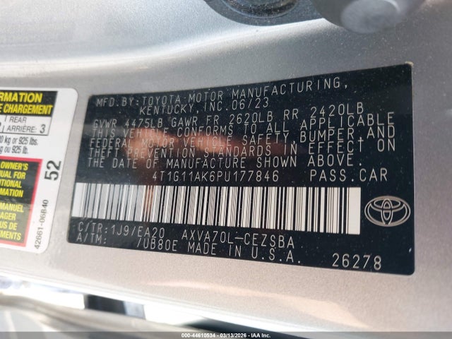 44610534 :رقم المزاد ، 4T1G11AK6PU177846 vin ، 2023 Toyota Camry Se مزاد بيع