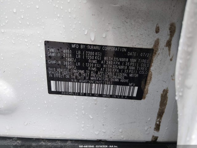 44610548 :رقم المزاد ، 4S4BTANC2N3273967 vin ، 2022 Subaru Outback Limited مزاد بيع