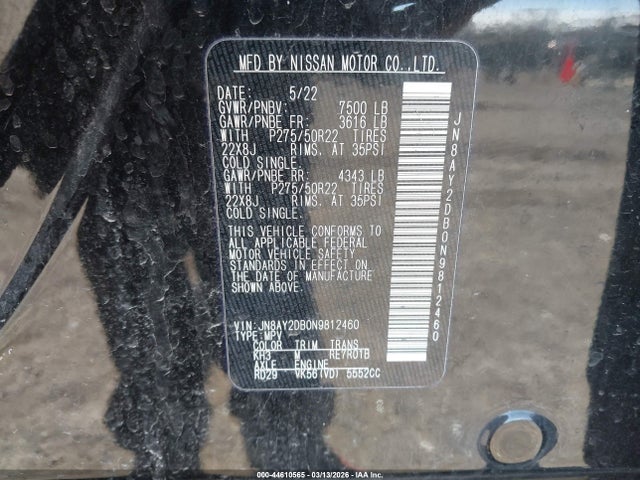 Aukcja sprzedaży 2022 Nissan Armada Platinum 4wd, vin: JN8AY2DB0N9812460, numer aukcji: 44610565